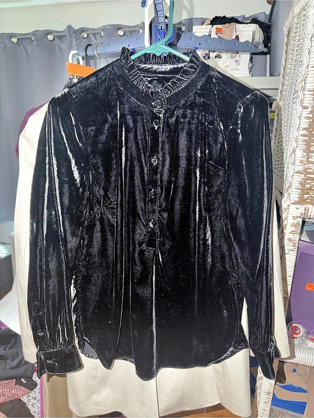 Talbots Velvet Ruffle Neck Top Blouse Black XS